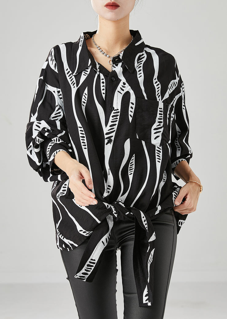 Handmade Black Oversized Print Cotton Shirt Top Fall