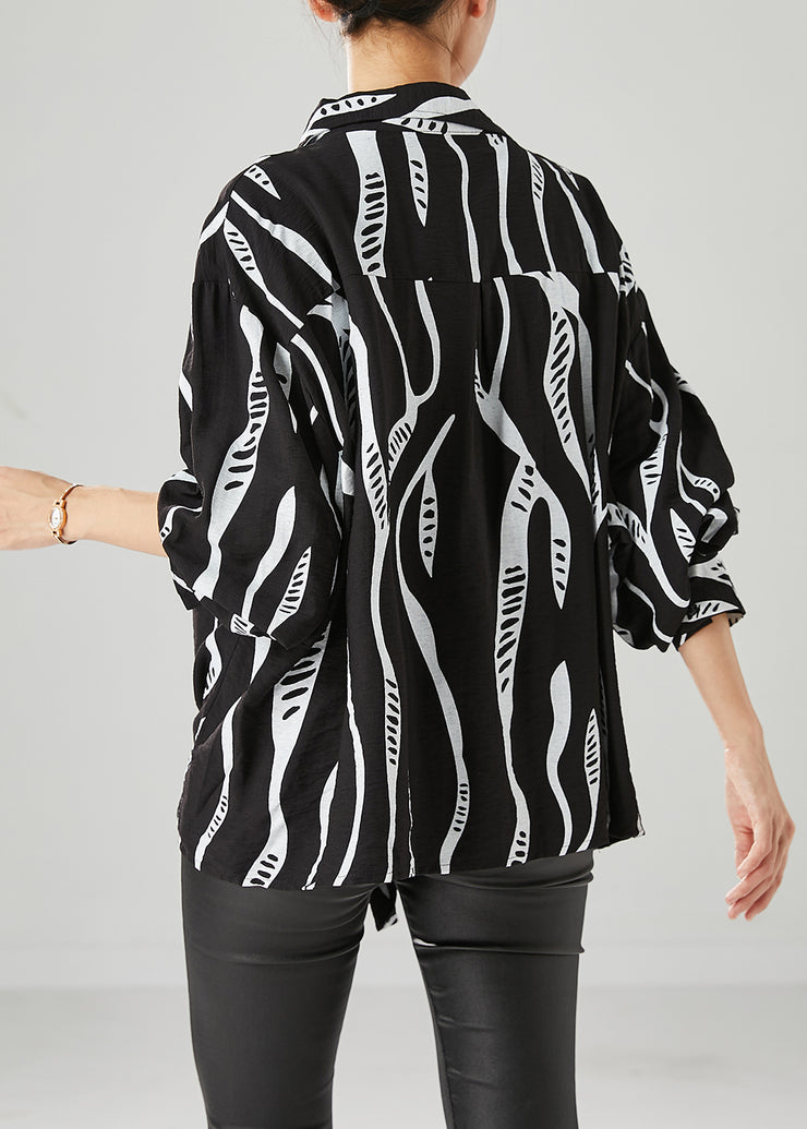 Handmade Black Oversized Print Cotton Shirt Top Fall