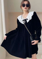 Handmade Black Patchwork Velour Vacation Dress Winter