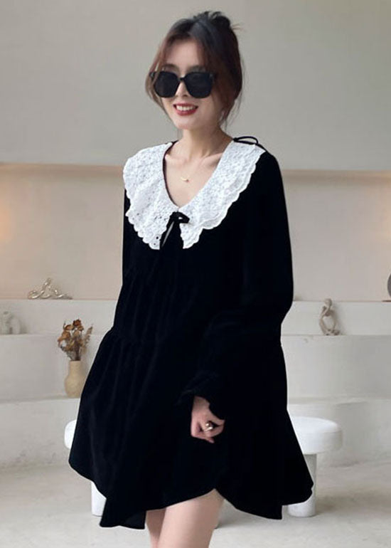 Handmade Black Patchwork Velour Vacation Dress Winter