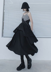 Handmade Black Plaid Patchwork Cotton Spaghetti Strap Long Dress Summer