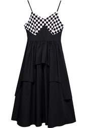 Handmade Black Plaid Patchwork Cotton Spaghetti Strap Long Dress Summer