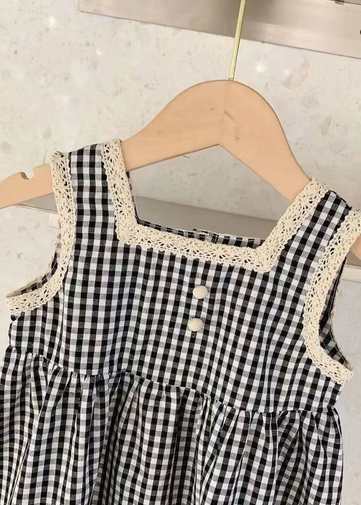 Handmade Black Square Collar Plaid Lace Patchwork Cotton Kids Mid Dress Sleeveless