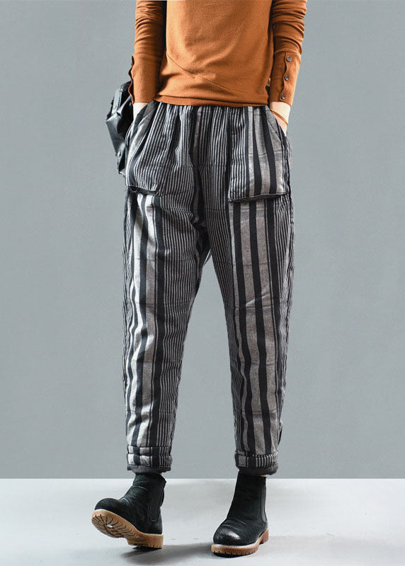 Handmade Black Striped Fine Cotton Filled Pants Winter