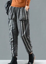 Handmade Black Striped Fine Cotton Filled Pants Winter