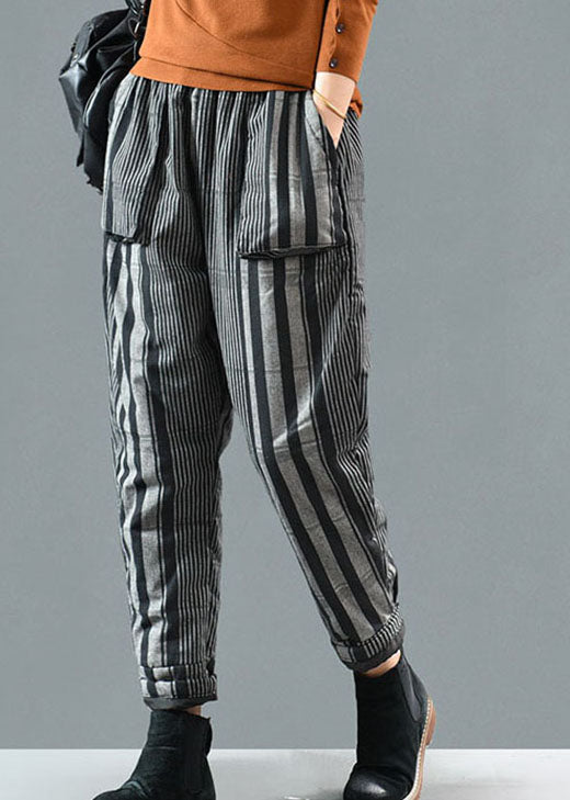 Handmade Black Striped Fine Cotton Filled Pants Winter