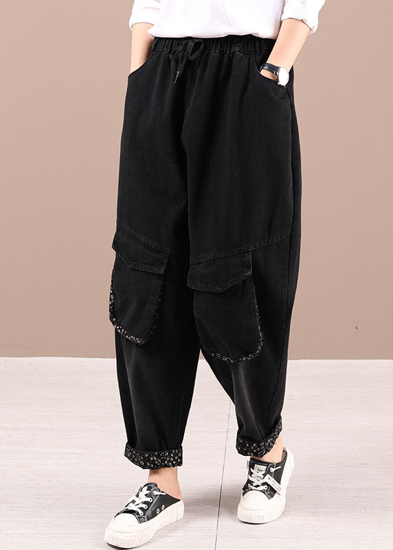 Handmade Black Tie Waist Pockets Harem Fall Pants