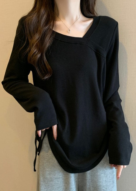 Handmade Black V Neck Drawstring T Shirts Long Sleeve