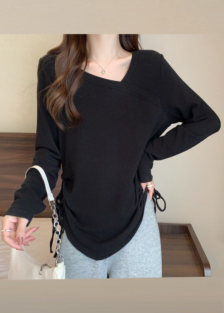 Handmade Black V Neck Drawstring T Shirts Long Sleeve