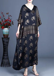 Handmade Black V Neck Patchwork Jacquard Silk Loose Dress Half Sleeve