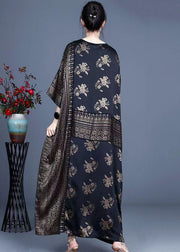 Handmade Black V Neck Patchwork Jacquard Silk Loose Dress Half Sleeve