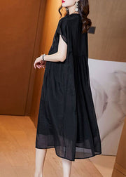 Handmade Black V Neck Wrinkled Patchwork Silk Dress Summer