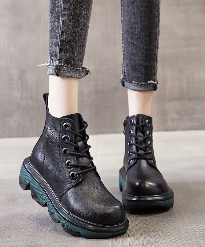 Handmade Black Warm Fleece Lace Up Platform Boots