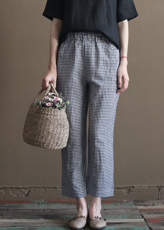 Handmade Black White Plaid Elastic Waist Pockets Linen Crop Pants Summer