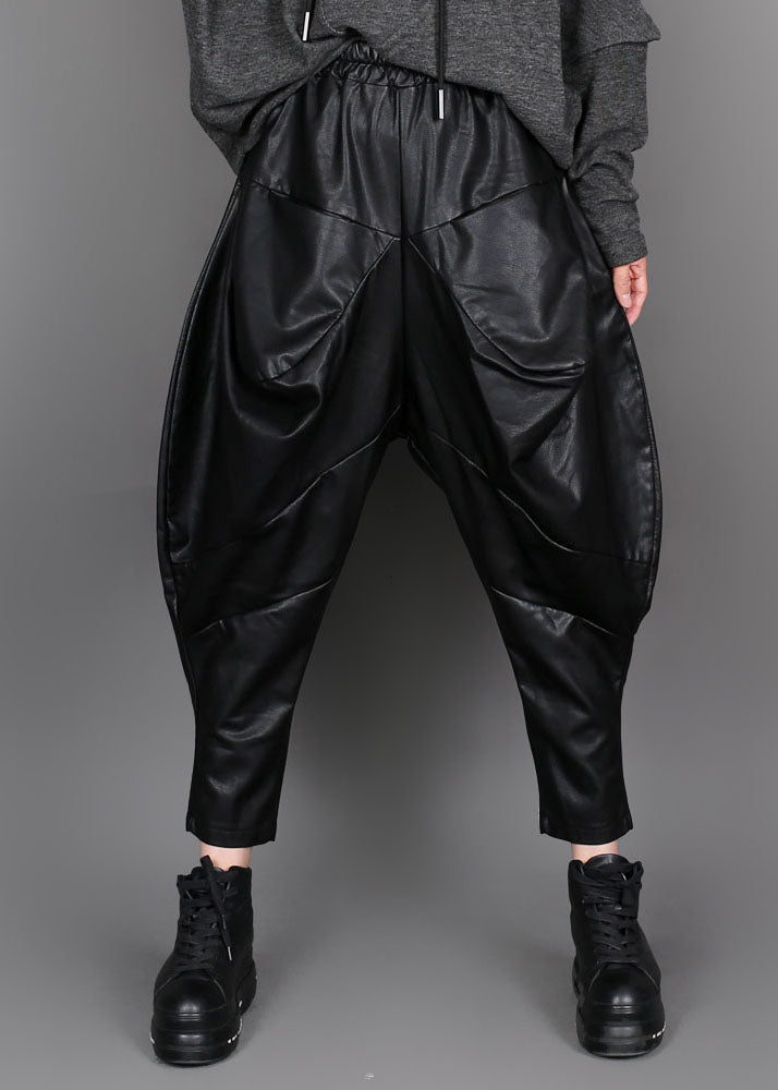 Handmade Black fashion Patchwork Faux Leather Pants Winter