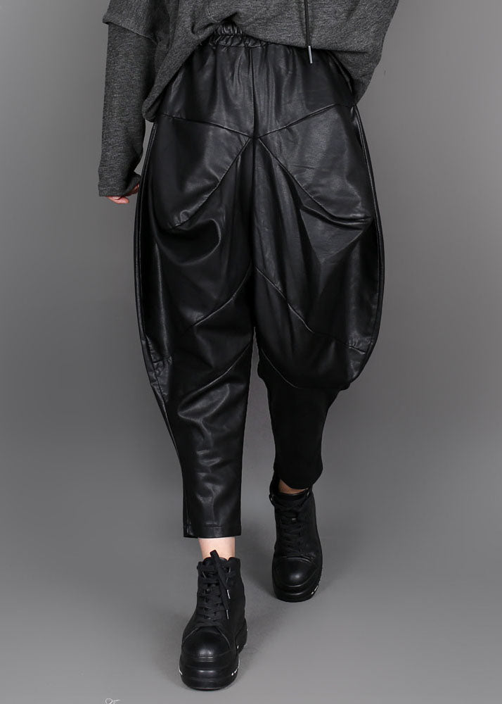 Handmade Black fashion Patchwork Faux Leather Pants Winter