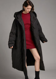 Handmade Black hooded Pockets Loose Winter Down Coat