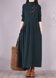 Handmade Blackish Green Embroidery Clothes High Neck Cinched Robes Spring Dresses - bagstylebliss