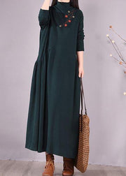 Handmade Blackish Green Embroidery Clothes High Neck Cinched Robes Spring Dresses - bagstylebliss
