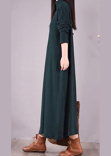 Handmade Blackish Green Embroidery Clothes High Neck Cinched Robes Spring Dresses - bagstylebliss