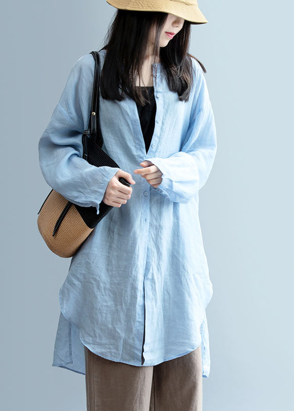 Handmade Blue Asymmetrical Solid Linen Blouses Spring