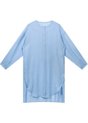 Handmade Blue Asymmetrical Solid Linen Blouses Spring