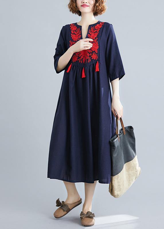 Handmade Blue Clothes Women V Neck Tassel  Spring Linen Dresses - bagstylebliss