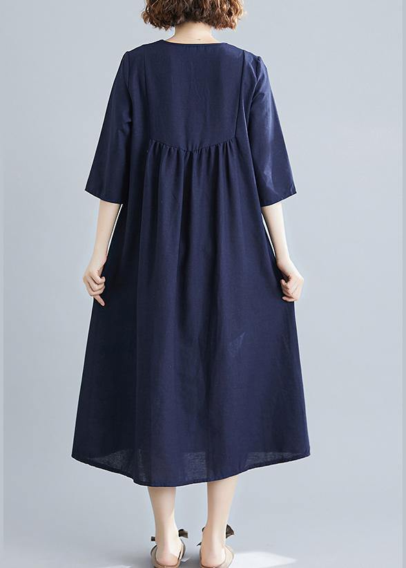 Handmade Blue Clothes Women V Neck Tassel  Spring Linen Dresses - bagstylebliss