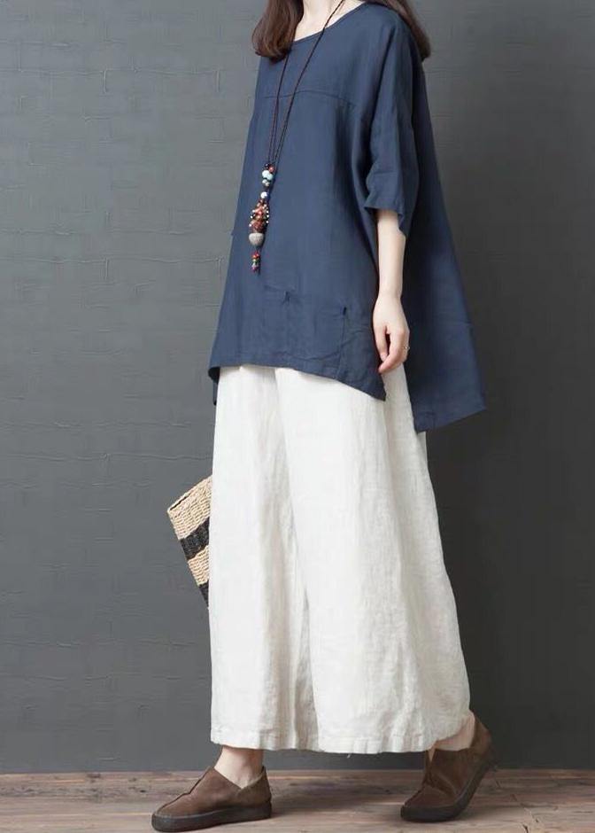 Handmade Blue Linen Cotton low high design Shirt Top - bagstylebliss
