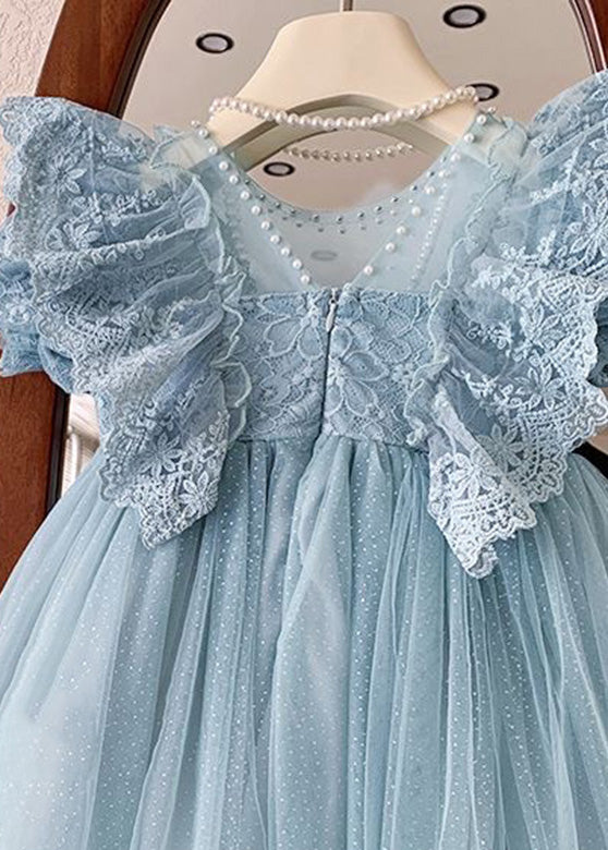 Handmade Blue O-Neck Patchwork Nail Bead Tulle Girls Maxi Dress Summer