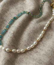 Handmade Blue Overgild Inlaid Jade Pearl Necklace