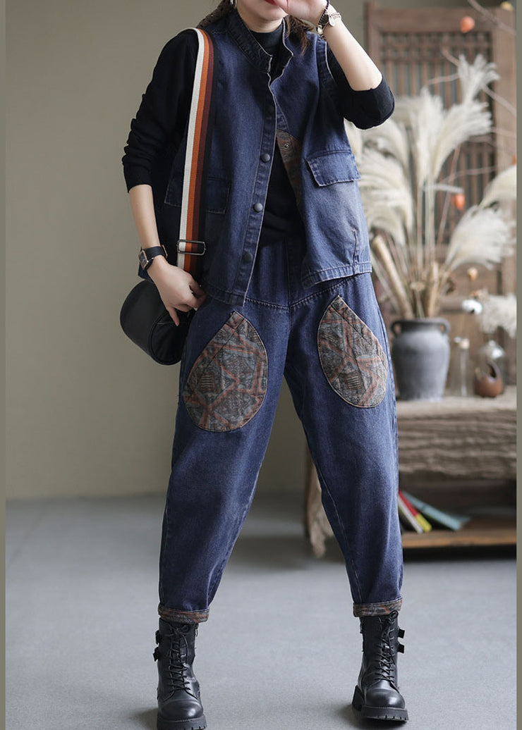 Handgefertigter blauer Patchwork-Denim Zweiteiler Outfits ärmellos