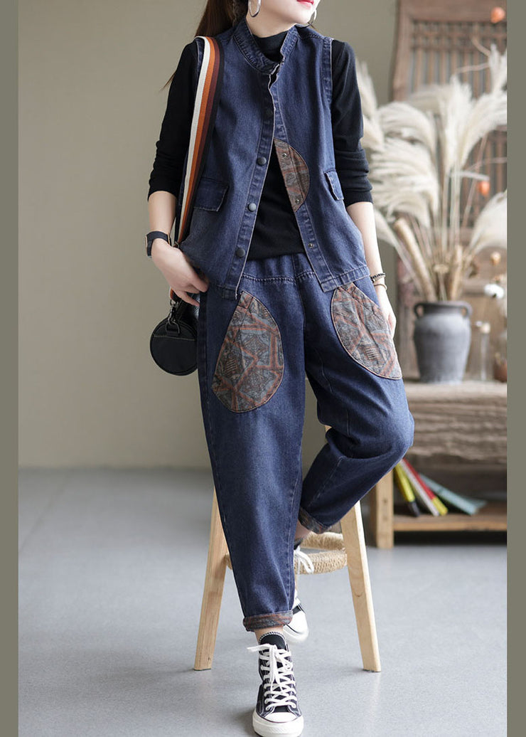 Handgefertigter blauer Patchwork-Denim Zweiteiler Outfits ärmellos