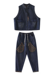 Handmade Blue Patchwork denim Two Piece Set Outfits Sleeveless