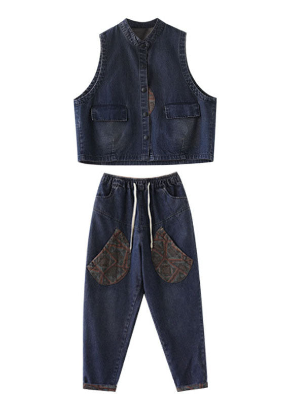 Handgefertigter blauer Patchwork-Denim Zweiteiler Outfits ärmellos