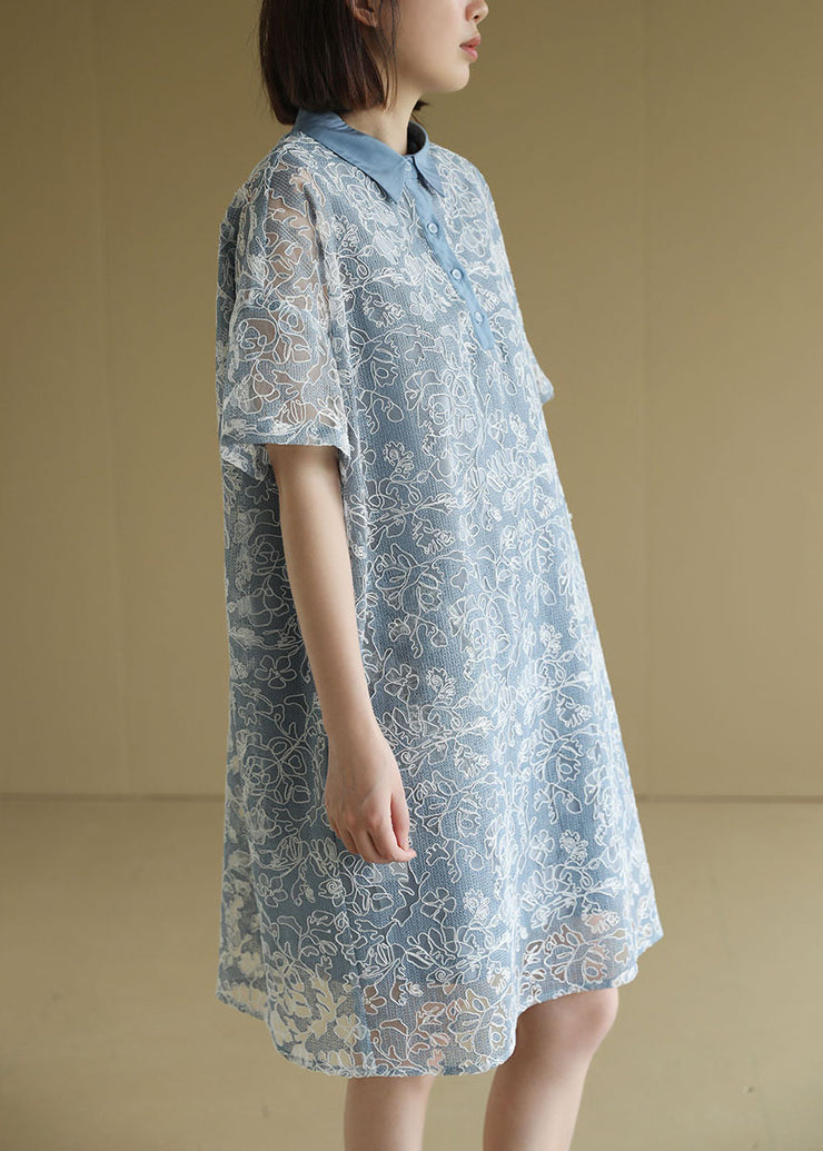 Handmade Blue Peter Pan Collar Embroideried Lace Shirt Dresses Short Sleeve