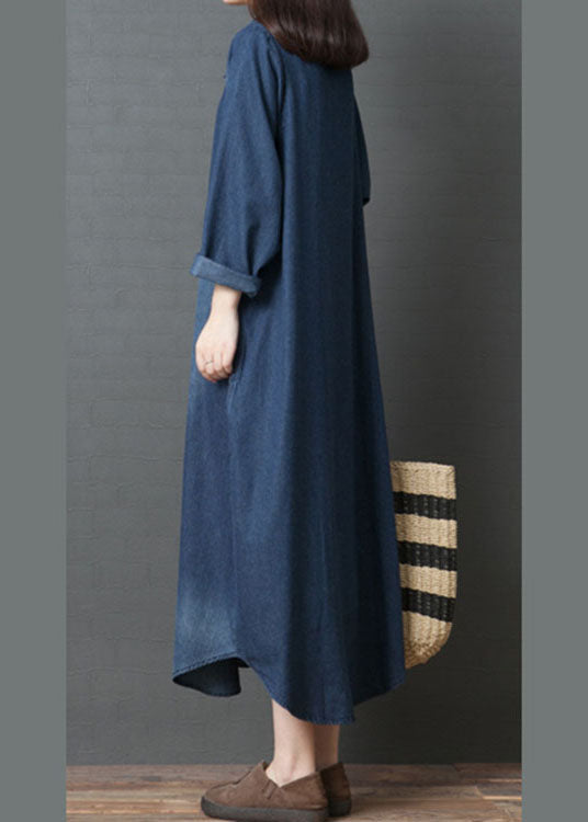 Handmade Blue PeterPan Collar Pockets  Patchwork Fall Denim Long sleeve Dresses