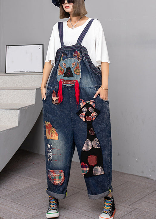 Handmade Blue Pockets High Waist Patchwork Overalls Jumpsuit Fall