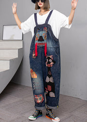 Handmade Blue Pockets High Waist Patchwork Overalls Jumpsuit Fall