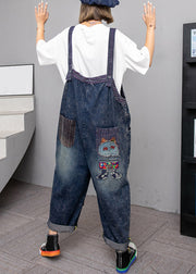 Handmade Blue Pockets High Waist Patchwork Overalls Jumpsuit Fall