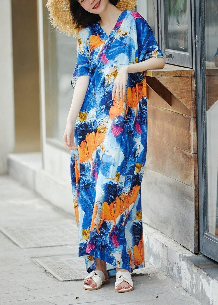 Handmade Blue Print Sundress Caftan Summer Dresses - bagstylebliss