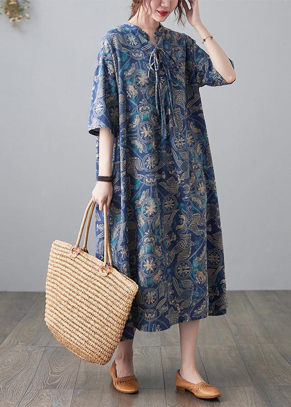 Handmade Blue Print Loose Maxi Summer Cotton Linen Dress - bagstylebliss
