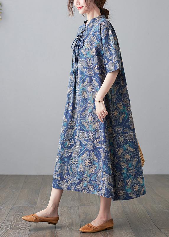 Handmade Blue Print Loose Maxi Summer Cotton Linen Dress - bagstylebliss