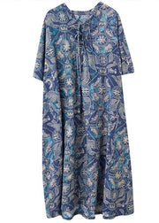 Handmade Blue Print Loose Maxi Summer Cotton Linen Dress - bagstylebliss