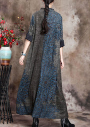 Handgefertigte blaue Kaschmir-Urlaubskleider mit Stehkragen und langen Ärmeln
