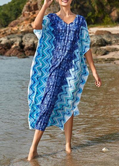 Handmade Blue Print V Neck Beach Gown Summer Maxi Dresses - bagstylebliss