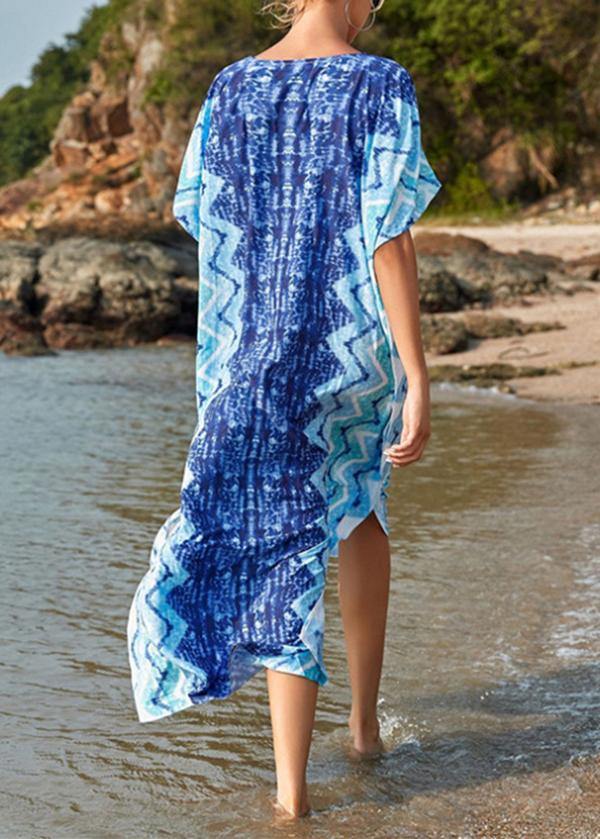 Handmade Blue Print V Neck Beach Gown Summer Maxi Dresses - bagstylebliss