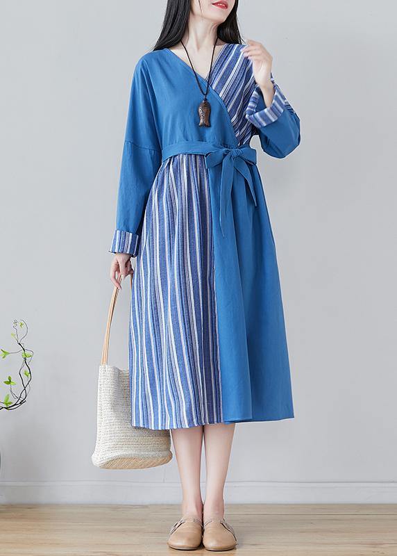 Handmade Blue Striped Tunics For Women V Neck Patchwork Traveling Spring Dresses - bagstylebliss