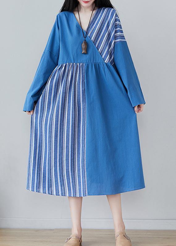 Handmade Blue Striped Tunics For Women V Neck Patchwork Traveling Spring Dresses - bagstylebliss