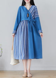 Handmade Blue Striped Tunics For Women V Neck Patchwork Traveling Spring Dresses - bagstylebliss